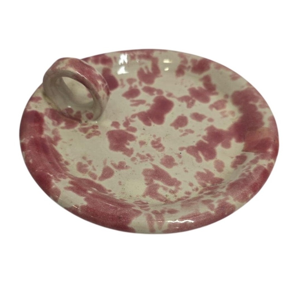 Bybee BB Pink Spongeware Small Bread Plate With Handle‎ Cottagecore Handmade